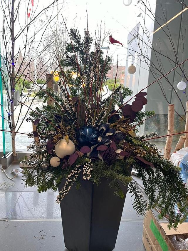 Tall winter planter with dark foliage, baubles and birch branches