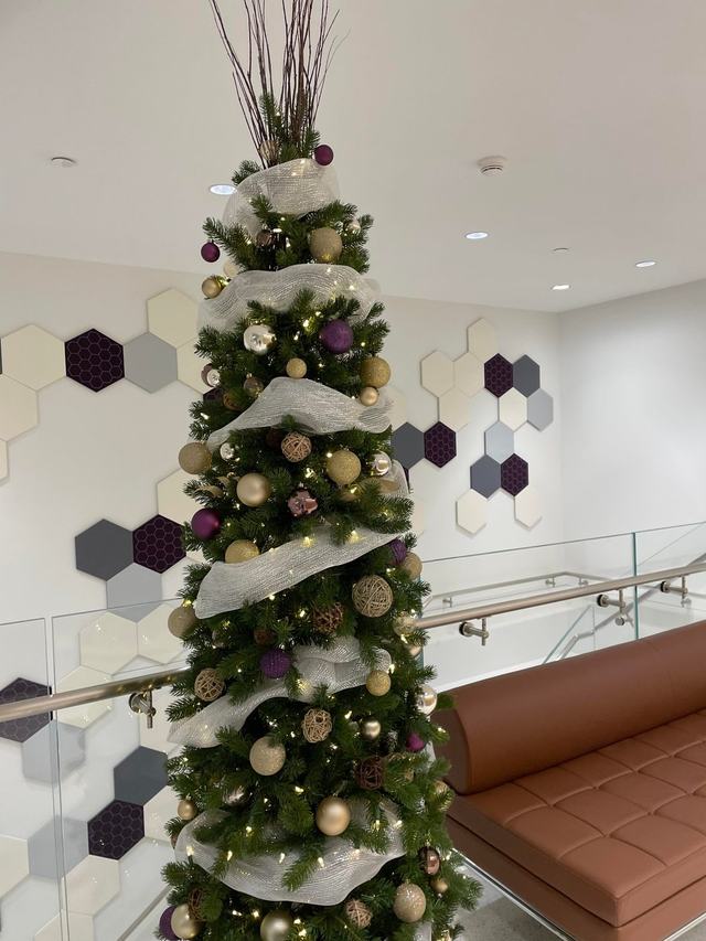 Pencil Christmas tree with white ribbon and a bare branch topper