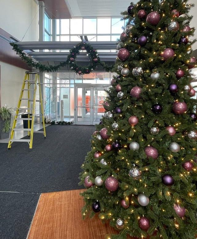 Tall Christmas tree with pink and purple baubles in an entrance foyer