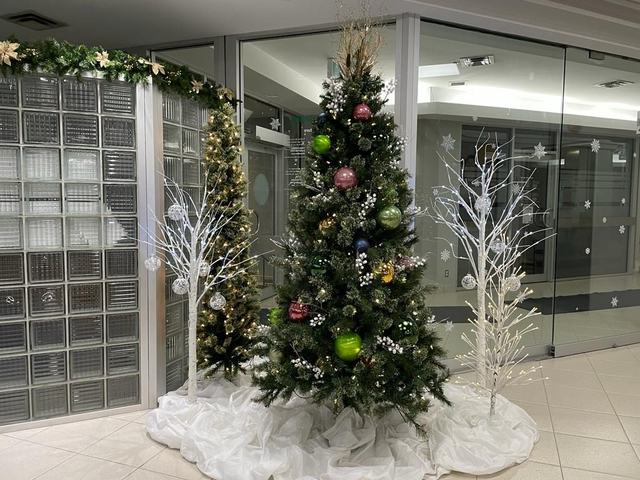 Christmas tree with lime and pink baubles between white lit birch trees
