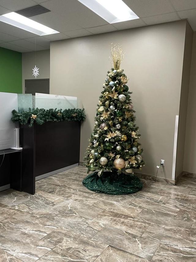 Gold and cream decorated Christmas tree with a green tree skirt in an office foyer